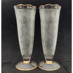 Two Textured Vintage Jeannette Harp Gold Pattern Vases 7 1/2" Tall Scalloped Rim